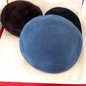 3 vintage hats beret wool designer blue brown black